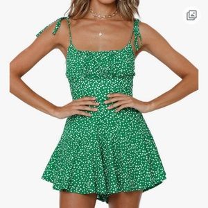 Women's Floral Wide Leg Rompers Spaghetti Strap Tie Ruffle Short Jumpsuit - M